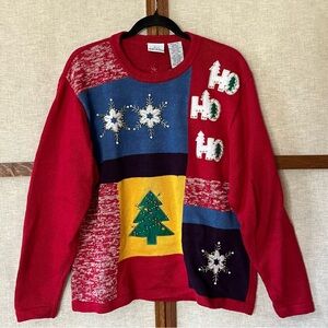 Vintage Bobbie Brooks Christmas Tree Ho Ho Ho Snowflake Beaded Appliqué Sweater